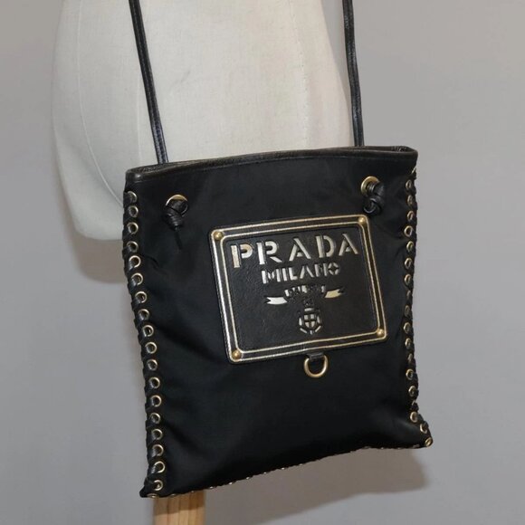 PRADA Shoulder Bag Nylon Black Gold Auth - Picture 1 of 16